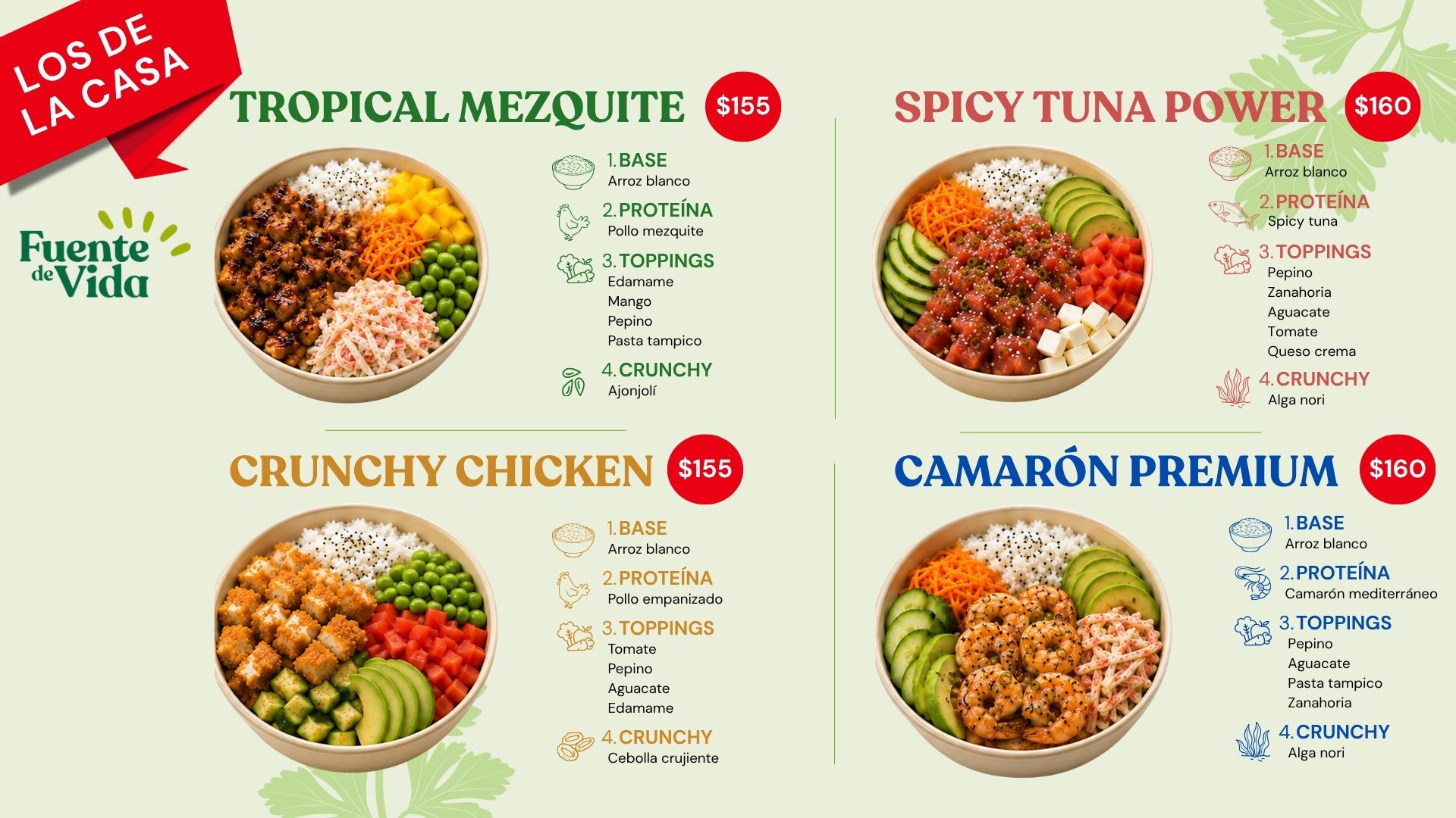 Menu de poke bowls Fuente de Vida 2026