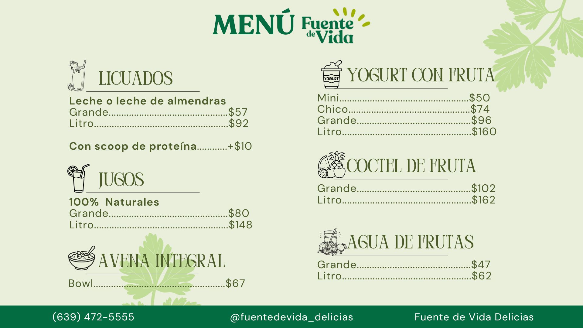 Menu de bebidas Fuente de Vida 2026